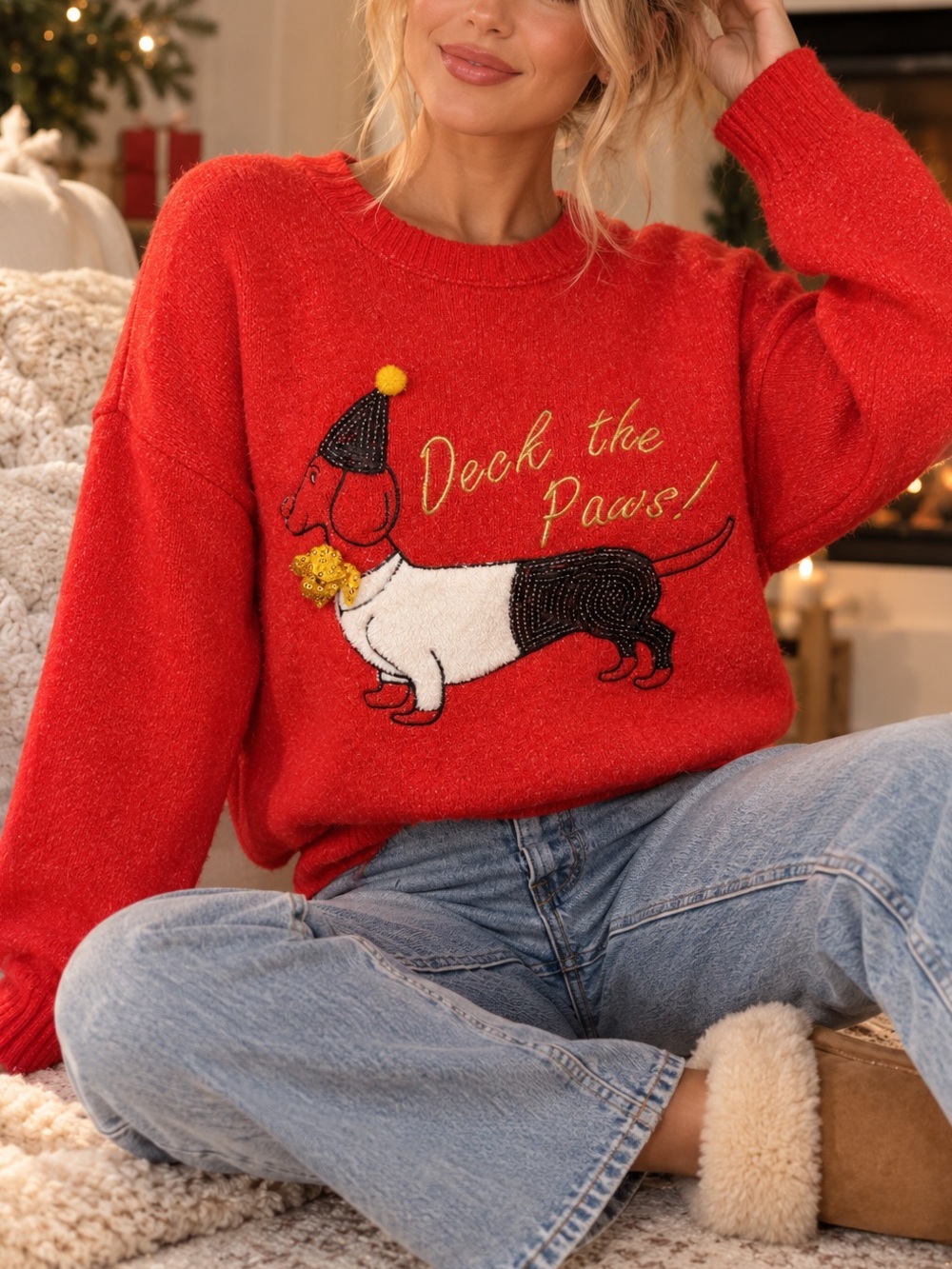 NWT Cozy Red 'Deck the Paws' Crewneck Sweater